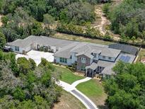 Aerial view showcasing the property's layout, including the pool, landscaping, and ample parking at 20199 Sweetwood Ln, Clermont, FL 34715