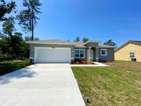 Charming single-story home with a well-manicured lawn, gray exterior, and a two-car garage on a sunny day at 16022 Sw 21St Ct, Ocala, FL 34473