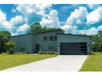 Modern home with a well-kept lawn, a sleek garage door, and contemporary architectural details at 346 Bowfin Ct, Kissimmee, FL 34759