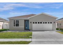 Charming single-story home with a two car garage, manicured lawn and a lovely blue front door at 284 White Heron Way, St Cloud, FL 34772
