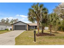 Charming single Gathering home featuring a gray exterior, palm trees, two-car garage, and landscaping at 15690 Sw 46Th Cir, Ocala, FL 34473