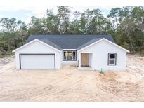 Newly constructed single-story home features a attached garage, contrasting window frames and neutral color palette at 1900 Sw 178Th Street Rd, Ocala, FL 34473