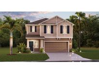 Charming two-story home with a two-car garage and well-manicured lawn and landscaped shrubbery at 4258 Eastminster Rd, Davenport, FL 33837