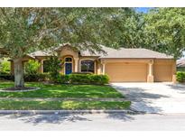Charming single-story home boasts a three-car garage, manicured lawn, and mature trees for shade at 24720 Calusa Blvd, Eustis, FL 32736