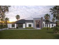 Modern single-story home featuring clean lines, stone accents and professional landscaping with palm trees at 26019 Estates Ridge Dr, Sorrento, FL 32776