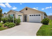 Charming single-story home featuring an attached garage, well-maintained lawn, and mature landscaping at 6231 Atkinson Ln, The Villages, FL 32163