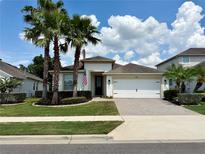 Charming home featuring an attached two-car garage, manicured landscaping, and mature palm trees at 541 Kistler Cir, Clermont, FL 34715