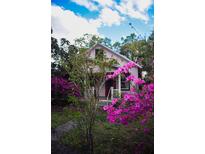 Charming pink cottage-style home surrounded by lush landscaping and bright pink azaleas at 748 W Florence Ave, Deland, FL 32720
