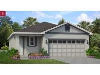 Charming one-story home with a neutral color scheme, a two-car garage, and a well-manicured lawn and tropical foliage at 150 Fredericksburg Ave, Orange City, FL 32763