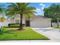 Charming single-story home features a well-manicured lawn, a two car garage and a beautiful palm tree at 2830 Alton Dr, Kissimmee, FL 34741