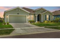 Charming one-story home featuring a two-car garage, lush lawn, and verdant landscaping at 5220 Red Coral Cir, Mount Dora, FL 32757
