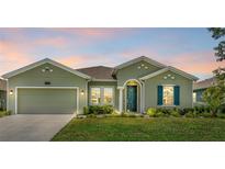 Charming single-story home featuring lush landscaping, a two-car garage, and a welcoming front door at 5220 Red Coral Cir, Mount Dora, FL 32757