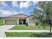 Charming single-story home with a well-manicured lawn, attached garage, and inviting entrance at 16406 Blooming Cherry Dr, Groveland, FL 34736