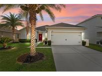 Charming single-story home with a well-manicured lawn, palm trees, and a two-car garage at 826 Sheen Cir Cir, Haines City, FL 33844