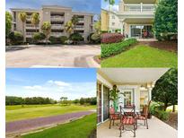 Beige condo building with balconies, palm trees, meticulous landscaping, and a large parking area in front at 1354 Centre Court Ridge Dr # 104, Reunion, FL 34747