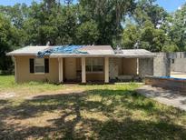 Quaint one-story house with tan siding and window shutters surrounded by an overgrown lawn at 625 E Jackson Ave, Mount Dora, FL 32757