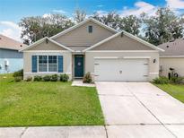 Charming single-story home boasts a well-manicured lawn, lovely landscaping, and a two-car garage at 29746 Anahid Dr, Leesburg, FL 34748