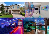 Collage featuring a home's exterior, themed rooms, and a game room offering a glimpse of luxury living at 1421 Wexford Way, Davenport, FL 33896