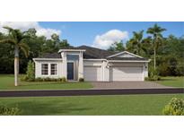 Charming single-story home with a three-car garage, manicured lawn, and tropical landscaping at 5652 Vinyasa Rd, Clermont, FL 34714