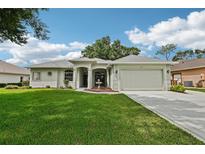 Charming single-story home featuring lush green lawn, manicured landscaping, and a welcoming entrance with decorative fountain at 5453 Grove Mnr, Lady Lake, FL 32159