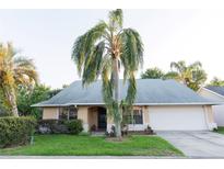 Charming single-story home with a well-manicured lawn and a grand palm tree in the front yard at 596 Starstone Dr, Lake Mary, FL 32746
