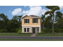 Charming two-story home with a yellow exterior and neatly manicured lawn at 7183 Rosy Sky Ave, Orlando, FL 32829