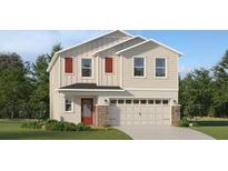 Charming two-story home with beige siding, red shutters, a two-car garage and a well maintained lawn at 3852 Corsican Pl, Lake Alfred, FL 33850