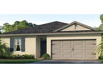 Beige single-story home with a gray roof, a two-car garage, and tasteful landscaping at 437 Caribbean Ct, Kissimmee, FL 34759