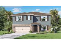 Charming two-story home with a stone facade, neutral paint, shutters, and a well-manicured lawn at 4965 Katrina Dr, Haines City, FL 33844