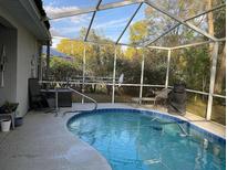 Relaxing screened-in pool with lounge chairs surrounded by lush landscaping creates a private oasis at 19430 Sw 100Th Loop, Dunnellon, FL 34432