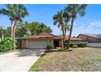 Charming single-story home with a two-car garage, palm trees, and a well-maintained lawn at 2715 Wekiva Meadows Ct, Apopka, FL 32712