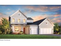 Modern farmhouse with a two-car garage, red door, manicured lawn and professional landscaping at 340 Ambersweet Pl, Lake Mary, FL 32746