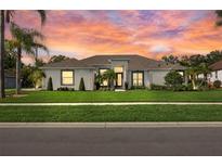 Charming single Gathering home exhibiting a well-manicured lawn, complemented by palm trees and lush landscaping at 1301 Johns Cove Ln, Oakland, FL 34787