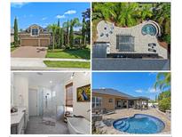 Collage showcasing front elevation, aerial view, primary bathroom, and backyard pool at 2456 Northumbria Dr, Sanford, FL 32771