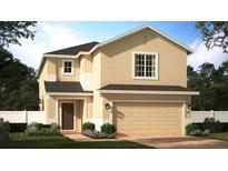 Two-story home featuring a two-car garage, neutral color palette, well-manicured lawn, and a simple front door at 1365 Sawgrass Hammock Ln, Davenport, FL 33837