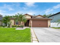 Charming single-story home featuring a well-manicured lawn and a beautiful palm tree accenting the front yard at 2625 Eagle Cliff Dr, Kissimmee, FL 34746