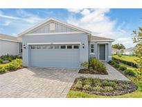 Charming one-story home featuring a blue exterior, two-car garage, and beautifully landscaped front yard at 9108 Wildlight, Wildwood, FL 34785