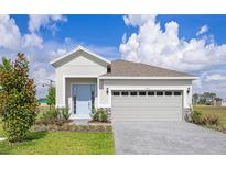 Charming single-story home featuring a light blue front door, well-manicured lawn, and two-car garage at 9113 Wildlight, Wildwood, FL 34785