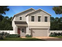 Two-story home featuring a two-car garage, neutral color palette, and manicured landscaping at 1393 Sawgrass Hammock Ln, Davenport, FL 33837