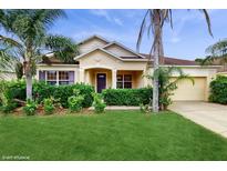 Charming single-story home with a well-manicured lawn and tropical landscaping, creating a welcoming curb appeal at 579 Setting Sun Dr, Winter Garden, FL 34787