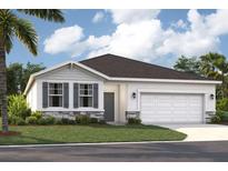 Charming single-story home featuring stone accents, gray shutters, manicured lawn, and attached two-car garage at 1802 Lattice Way, St Cloud, FL 34771