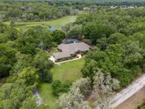 Stunning aerial view of the property with a pool, lush greenery, and a private pond at 1550 Kevin Ln, Deland, FL 32724
