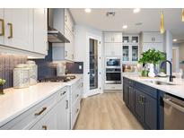 Bright, modern kitchen with stainless steel appliances, white cabinetry, and a stylish blue backsplash at 842 Creeping Fig St, Apopka, FL 32703