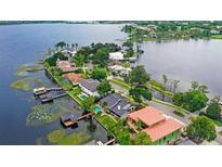 Stunning aerial view of waterfront homes and lush landscaping on a picturesque lake at 9146 Bay Point Dr, Orlando, FL 32819