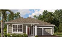 Charming single-story home with a gray exterior, well-manicured landscaping and an attached two car garage at 30166 Rustic Mill Street, Mount Dora, FL 32757