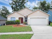 Charming one-story home with a well-maintained lawn, a two-car garage, and attractive landscaping at 917 Dekleva Dr, Apopka, FL 32712