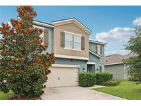 Two story home with a beige two-car garage, manicured landscaping, and a decorative tree on the front lawn at 16440 Centipede St, Clermont, FL 34714