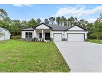 Attractive single-story home with a long driveway, two-car garage, and a lush green lawn at 136 N James Pl, Groveland, FL 34736