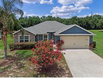 Charming single-story home with stone accents, a two-car garage and flowering bushes at 382 Lake St, Umatilla, FL 32784