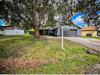 Charming single-Gathering home featuring a well-maintained lawn, mature trees, and a two-car garage at 6849 Palomino Dr, Lakeland, FL 33811